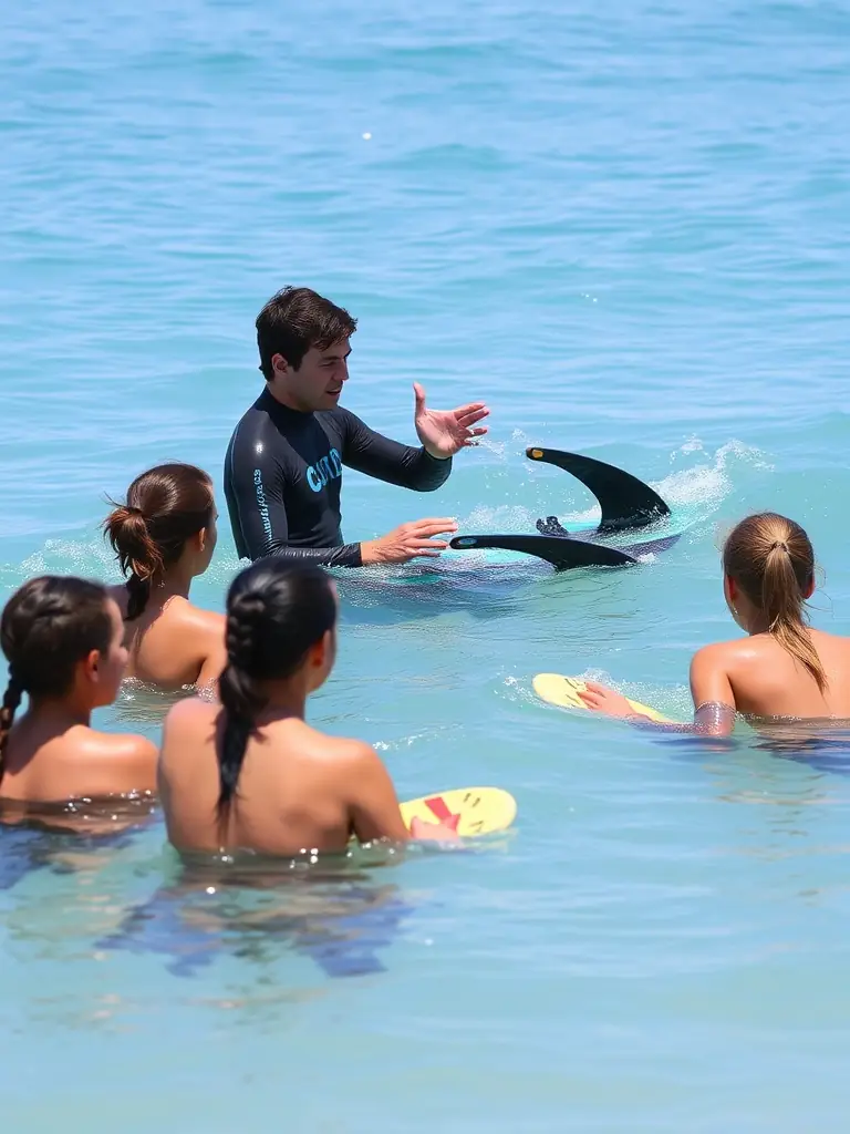 A surf instructor demonstrating techniques to eager learners in the water at Playa Guanico.
